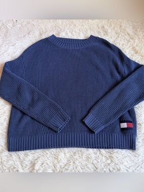 Tommy Hilfiger Blue Ribbed Crewneck Sweater with Flag Patch